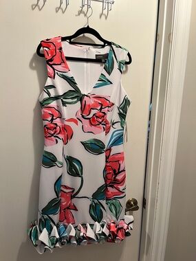 Donna Rocco White Floral V-Neck Dress with Coral & Teal Print